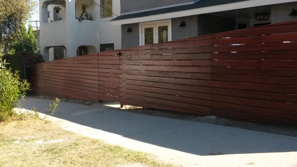 4' Tall Sloping Horizontal Front Yard Fence & Pedestrian Gate in Los Angeles #3, Built and Stained by WoodFenceExpert.com
