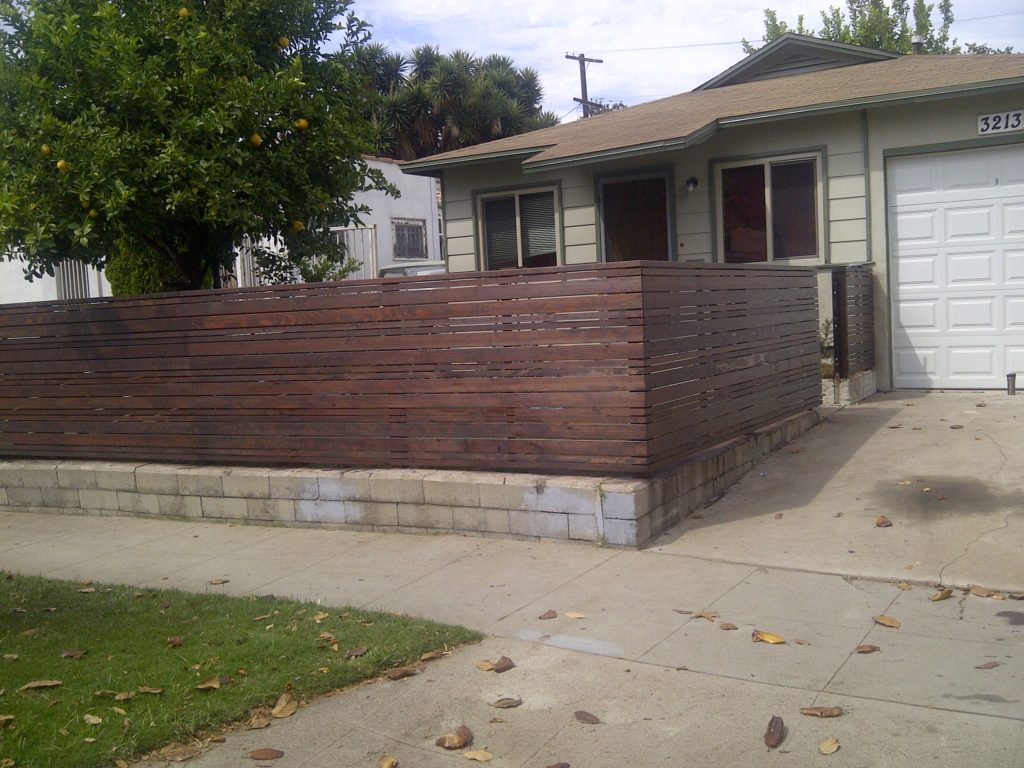 After Modern Horizontal Wood Fence and Gate in Los Angeles, Built and Stained by WoodFenceExpert.com