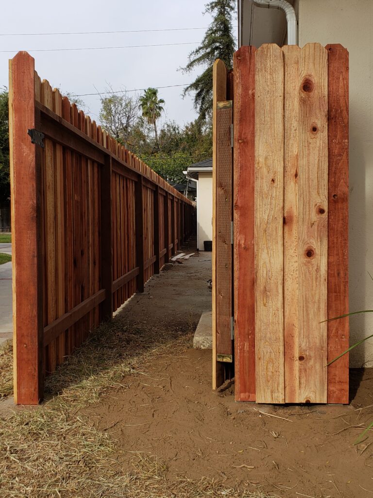 Board-on-Board-Overlapping-Backyard-Privacy-Redwood-Fence-with-Heavy-Duty-Matching-Pedestrian-Gate-2-of-3, 91107-Built-by-WoodFenceExpert.com