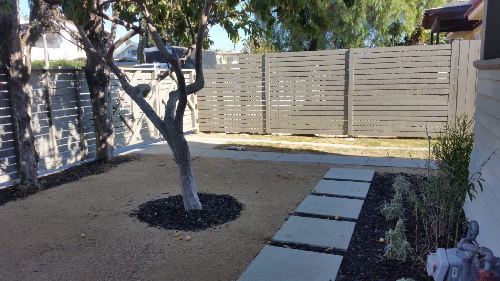 modern horizontal wood fence with matching pedestrian and double-swinger driveway gates in Los Angeles, 4 of 9, built and painted by WoodFenceExpert.com