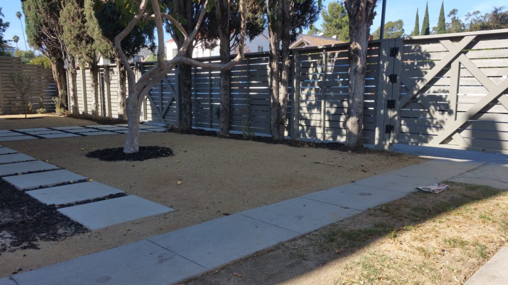 modern horizontal wood fence with matching pedestrian and double-swinger driveway gates in Los Angeles, 6 of 9, built and painted by WoodFenceExpert.com
