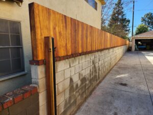 Custom Wood Fence Extension atop Concrete Block Wall (1 of 2), Burbank 91505, design, built & stained by WoodFenceExpert.com