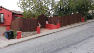 Custom Front Yard Enclosure Fence & Pedestrian Gate, Los Angeles 90039, designed, built & stained by WoodFenceExpert.com