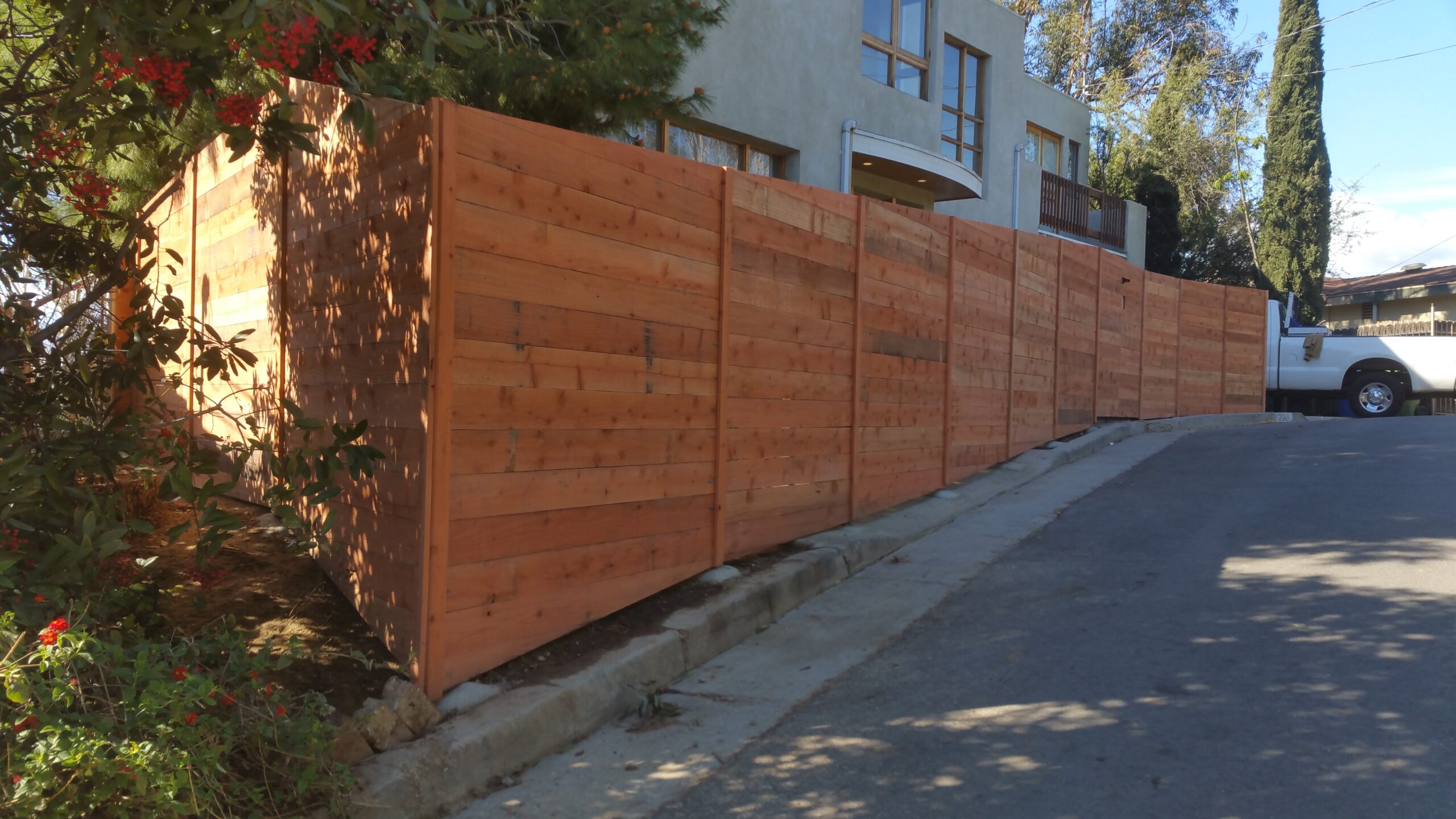 Custom, Modern Horizontal Front Yard Wood Fence + Matching Pedestrian Gates, Los Angeles hills 90026, designed & built by WoodFenceExpert.com