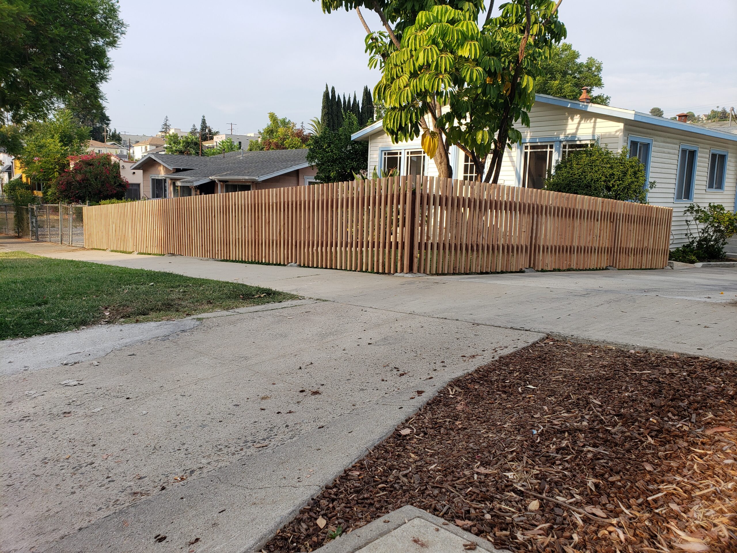 Custom Vertical Spline Front Yard Wood Fence + Matching Pedestrian Gates (1 of 4), Los Angeles 90027, designed & built by WoodFenceExpert.com