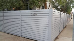 Modern Horizontal Wood Fence + Gates & Matching Utility Enclosure, Venice, #1, Built and Painted by WoodFenceExpert.com